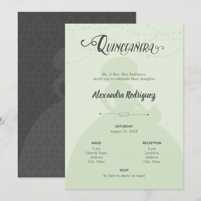 Mint Green & Steel Charro Silhouette Quinceanera Invitation (Front/Back)