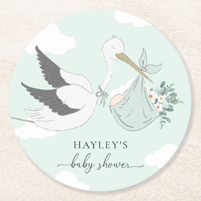 Mint Green Stork Baby Shower Round Paper Coaster (Front)