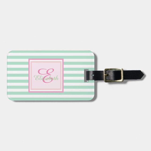Mint Green  Striped Monogram-Personalized Luggage Tag (Front Horizontal)