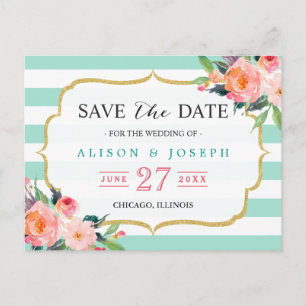 Mint Green Stripes Botanical Floral Save the Date Announcement Postcard