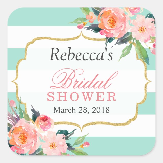 Mint Green Stripes Floral Bridal Shower Favour Square Sticker (Front)