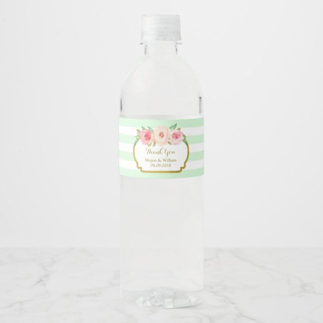Mint Green Stripes Floral Gold Water Bottle Label (Front)