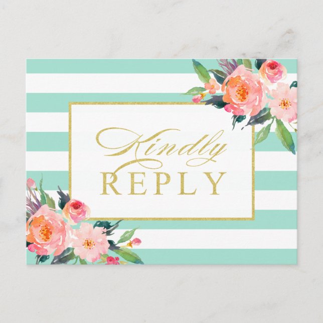 Mint Green Stripes Floral Gold Wedding RSVP Invitation Postcard (Front)