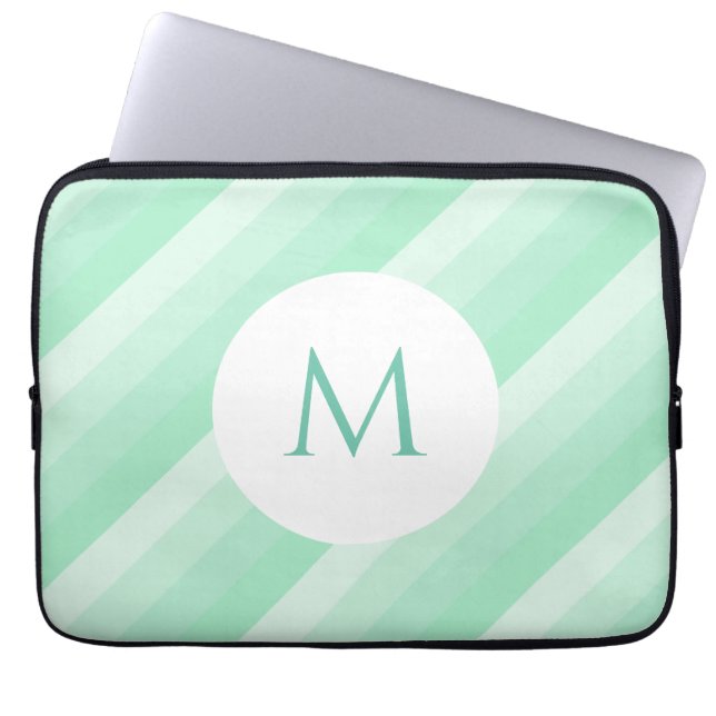 Mint Green Stripes Modern Monogrammed Trendy Laptop Sleeve (Front)
