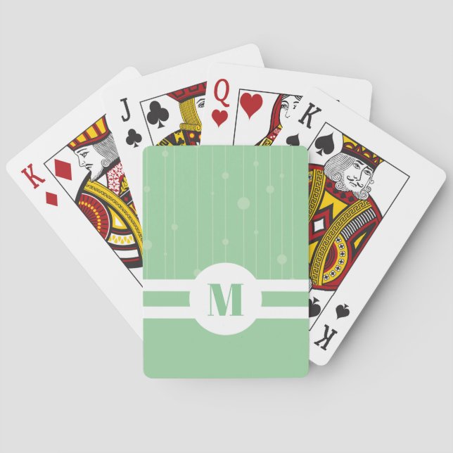 Mint green stripes monogram pastel modern  playing cards (Back)