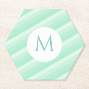 Mint Green Stripes Personalized Modern Monogram Paper Coaster