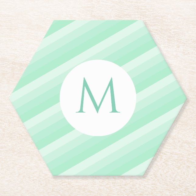 Mint Green Stripes Personalized Modern Monogram Paper Coaster (Front)