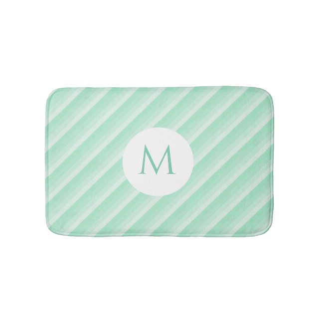 Mint Green Stripes Trendy Modern Monogram Template Bath Mat (Front)