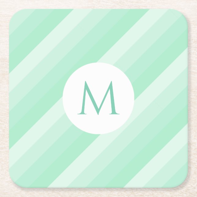 Mint Green Stripes Trendy Monogram Modern Template Square Paper Coaster (Front)