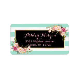 Mint Green Stripes with Pink Floral Decor Label