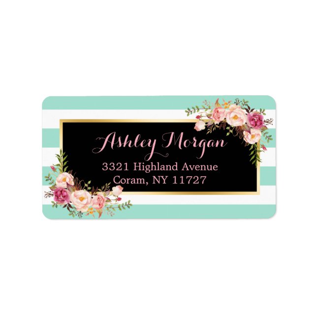 Mint Green Stripes with Pink Floral Decor Label (Front)