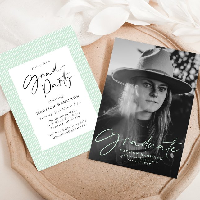 Mint Green Stylish Script Photo Graduation Party Invitation (Creator Uploaded)