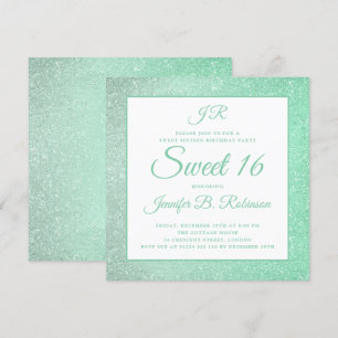 Mint Green Sweet 16 Birthday Monogram Glitter Invitation