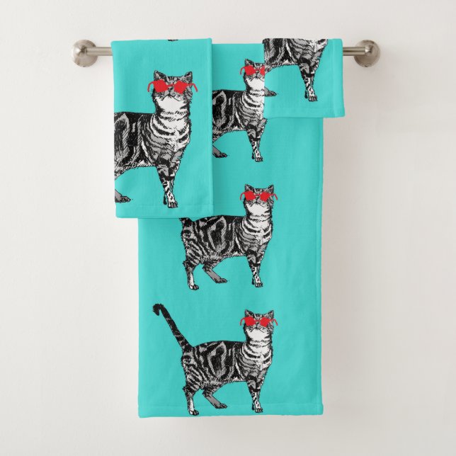 Mint Green Tabby Cat Cats Boys Sunglasses Cool Bath Towel Set (Insitu)