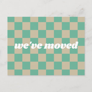 Mint Green Tan Chequerboard Retro We've Moved Postcard