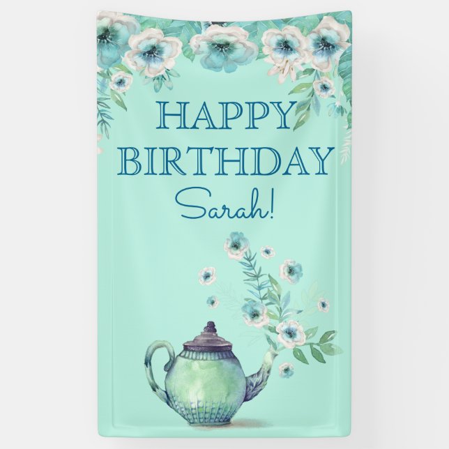 Mint Green Teapot Watercolor Flowers Aqua Teal Banner (Vertical)