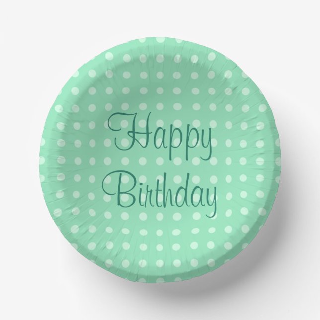 Mint Green Template Trendy Happy Birthday Text Dot Paper Plate (Front)