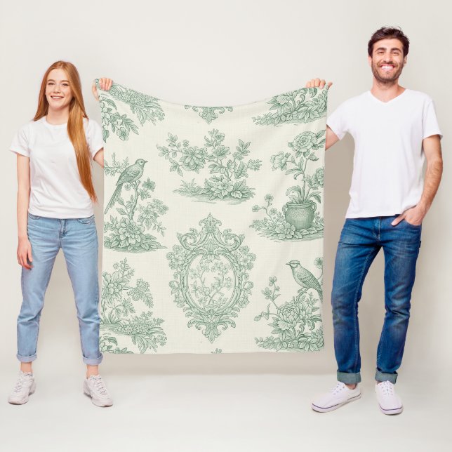 Mint Green Toile Floral and Bird Pattern Fleece Blanket (In Situ)