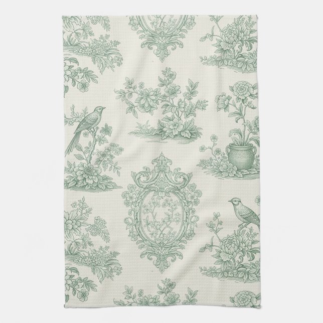 Mint Green Toile Floral and Bird Pattern Kitchen Towel (Vertical)