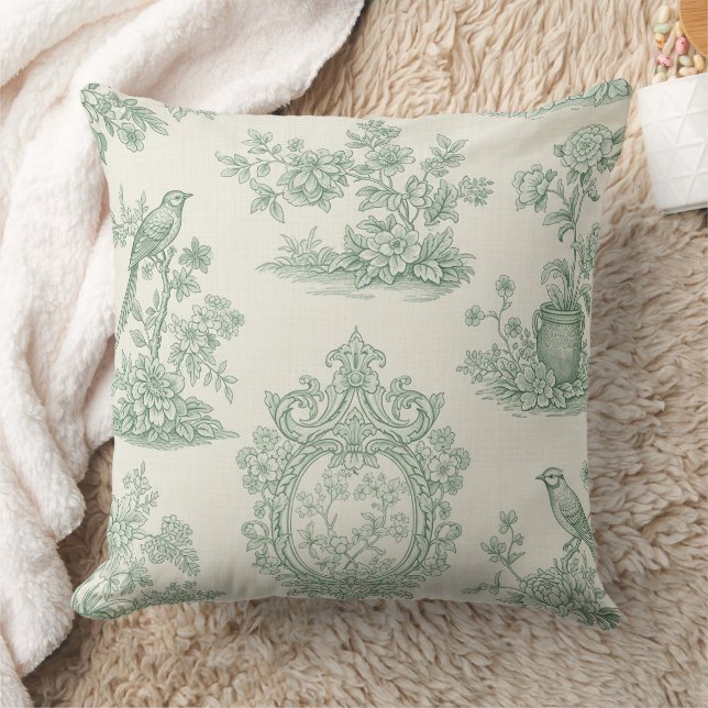 Mint Green Toile Floral and Bird Pattern Throw Pillow (Blanket)