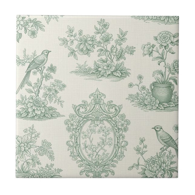 Mint Green Toile Floral and Bird Pattern Tile (Front)