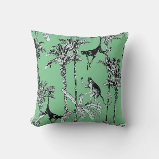 Mint Green Toile Monkey Print Throw Pillow (Front)