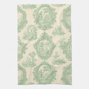Mint Green Toile Vintage Couples and Garden Scene Kitchen Towel