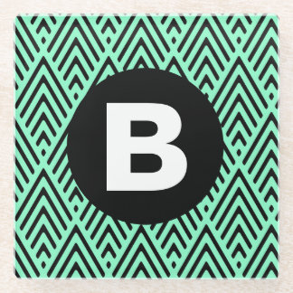 Mint Green Trendy Chevron Pattern Monogram Glass Coaster