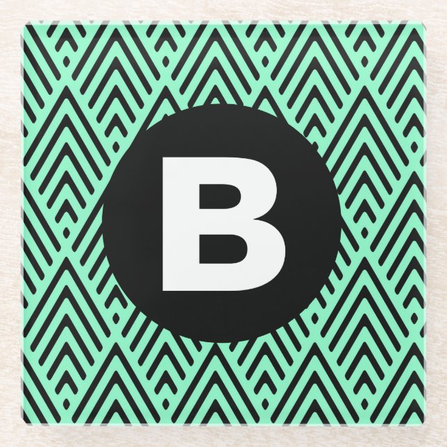 Mint Green Trendy Chevron Pattern Monogram Glass Coaster (Front)