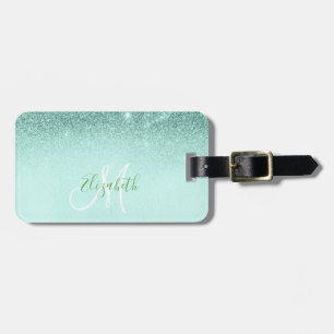 Mint Green Trendy Ombre Glitter Monogram Luggage Tag