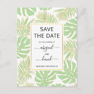 Mint green tropical leaves wedding Save the Date Announcement Postcard