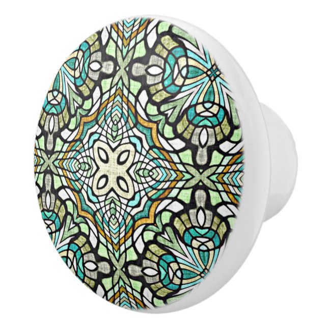Mint Green Turquoise Hip Bohemian Bali Art Motif Ceramic Knob (Right)