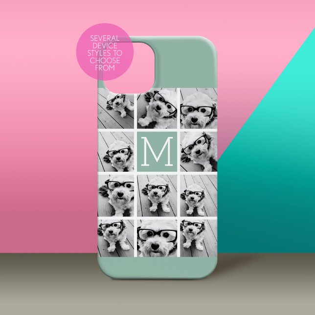 Mint Green Unique Photo Collage Custom Monogram Case-Mate iPhone Case (Personalized Phone Case with Custom Photos and Text - Pick Your Device Style)