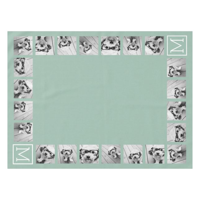 Mint Green Unique Photo Collage Custom Monogram Tablecloth (Front (Horizontal))