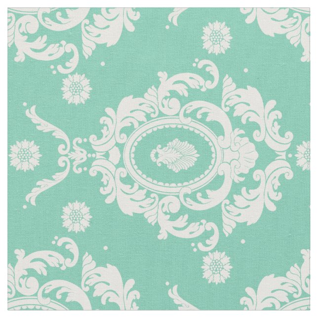 Mint Green Vintage Floral Damask Pattern Fabric (Close Up)