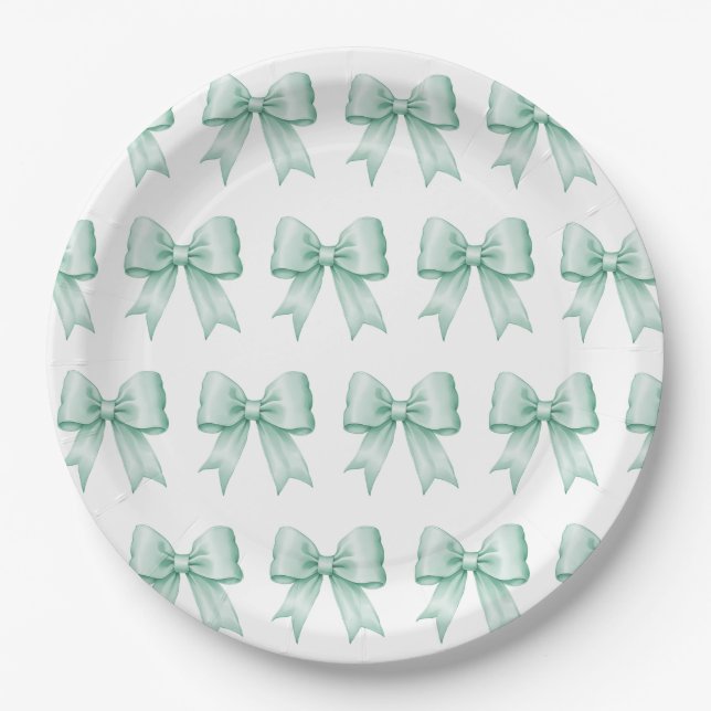 Mint Green Vintage Satin Bow Pattern Paper Plate (Front)