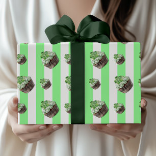 Mint Green Vintage Striped Clover Cupcake Wrapping Paper