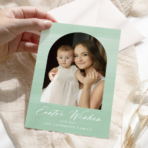 Mint Green Watercolor Arch 2 Photo Easter Wishes Holiday Card