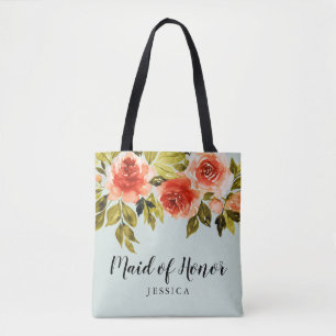 Mint Green Watercolor Floral Maid Of Honour Tote Bag