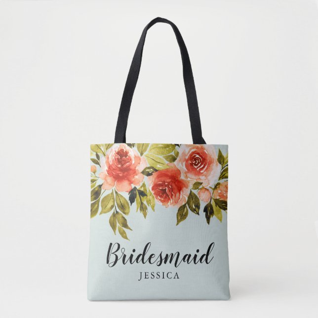 Mint Green Watercolor Floral Wedding Bridesmaid Tote Bag (Front)