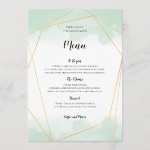 Mint Green Watercolor Gold Geometric Frame Wedding Menu