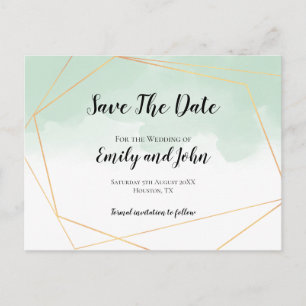 Mint Green Watercolor Gold Geometric Save The Date Postcard