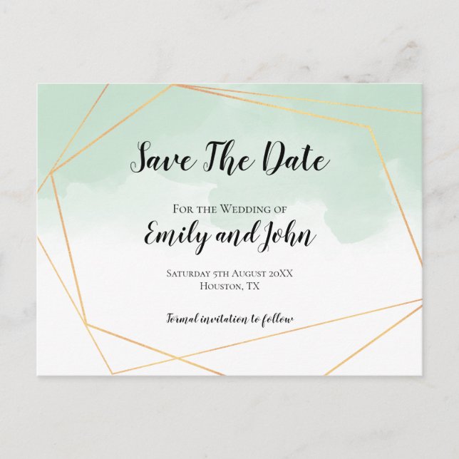 Mint Green Watercolor Gold Geometric Save The Date Postcard (Front)