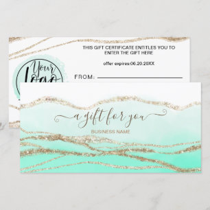 Mint green watercolor gold logo gift certificate