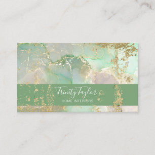 Mint Green Watercolor Marble Ink & Gold Foil  Business Card