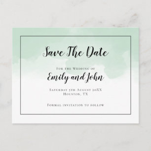 Mint Green Watercolors Black Script Save The Date Postcard