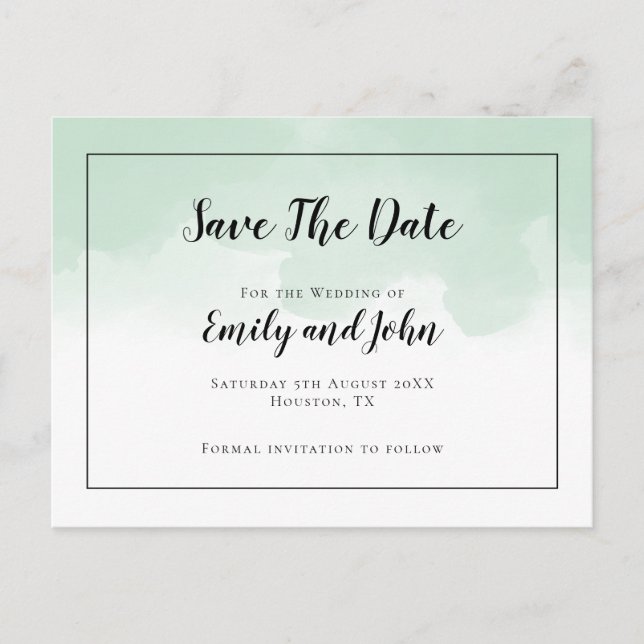 Mint Green Watercolors Black Script Save The Date Postcard (Front)