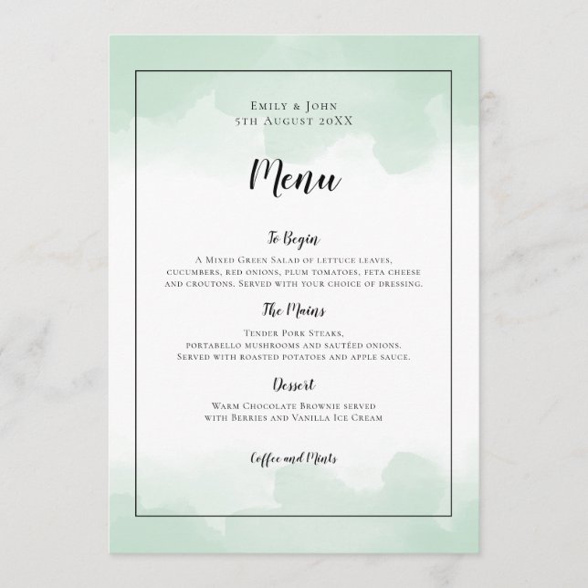 Mint Green Watercolors Black Script Wedding Menu (Front)
