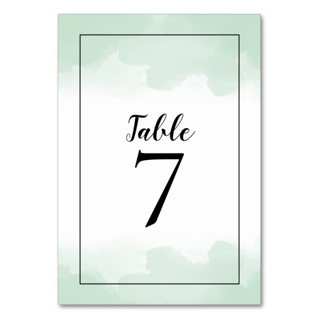 Mint Green Watercolors Black Script Wedding Table Number (Front)