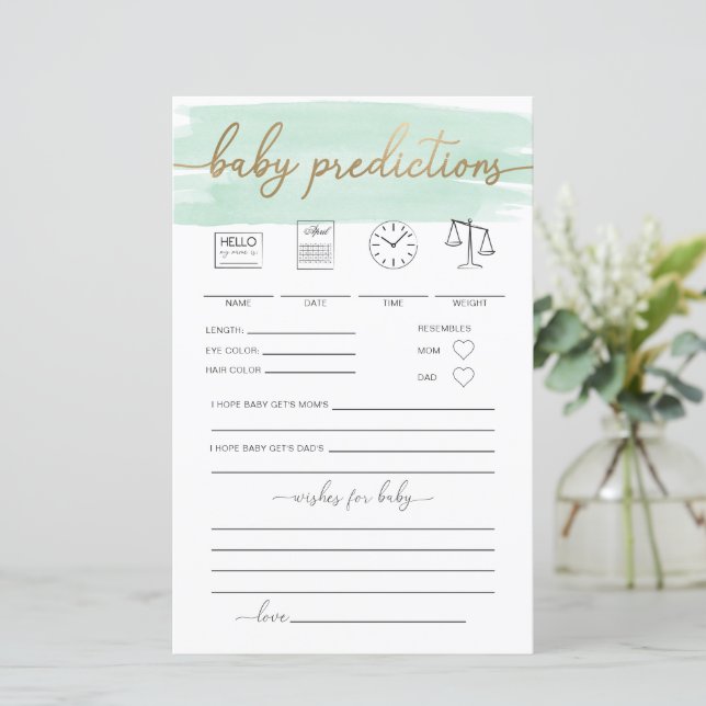 Mint Green Watercolour Baby Predictions Game (Standing Front)